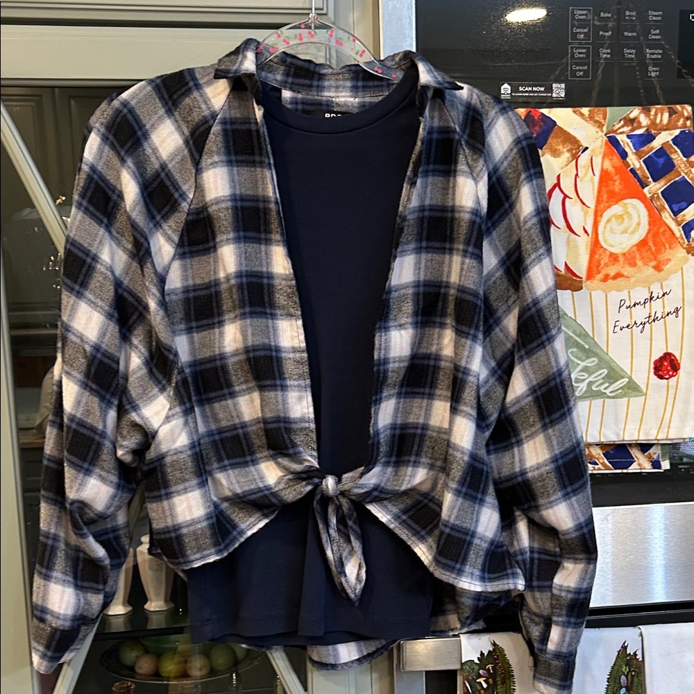 BDG Urban Outfitters Navy and White Plaid Flannel Tie-Front Top XS